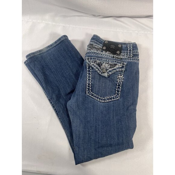 Miss Me Jeans Women's 32 Easy Boot Cut Embellished Bling Flap Pockets Denim Blue - Picture 1 of 10